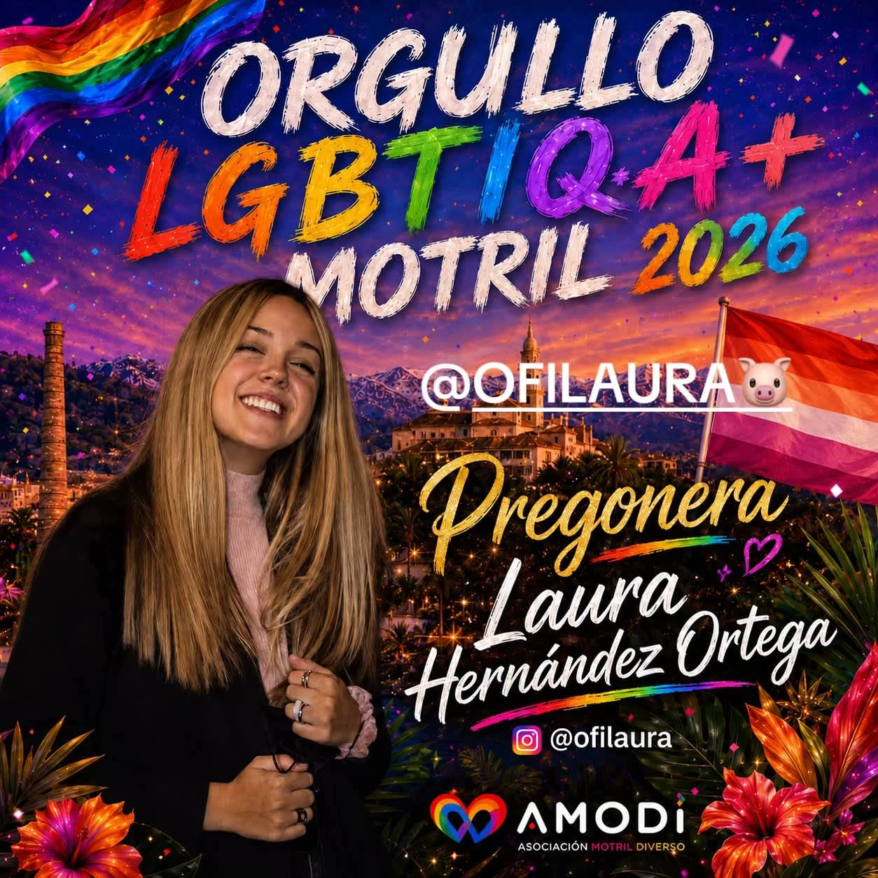 Cartel de Laura Hernández Ortega como pregonera del Orgullo LGTBIQA+ Motril 2026.
