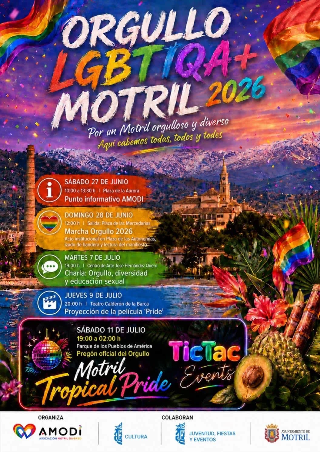 Cartel con la programación completa del Orgullo LGTBIQA+ Motril 2026.