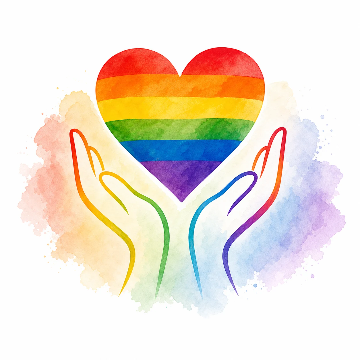 Ilustración de unas manos sosteniendo un corazón arcoíris.